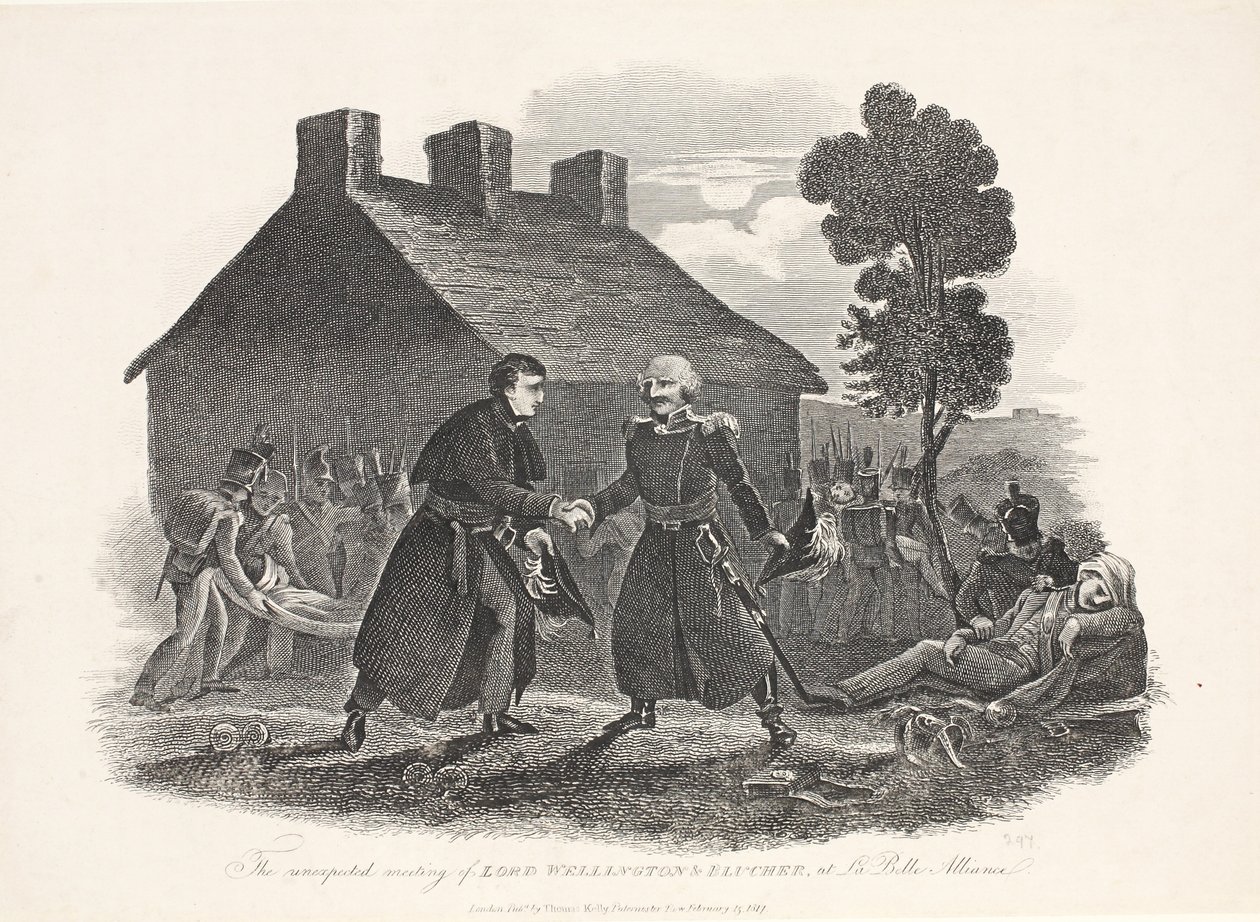 O encontro inesperado de Lord Wellington e Blucher na La Belle Alliance, pub. T Kelly, 1811 de English School
