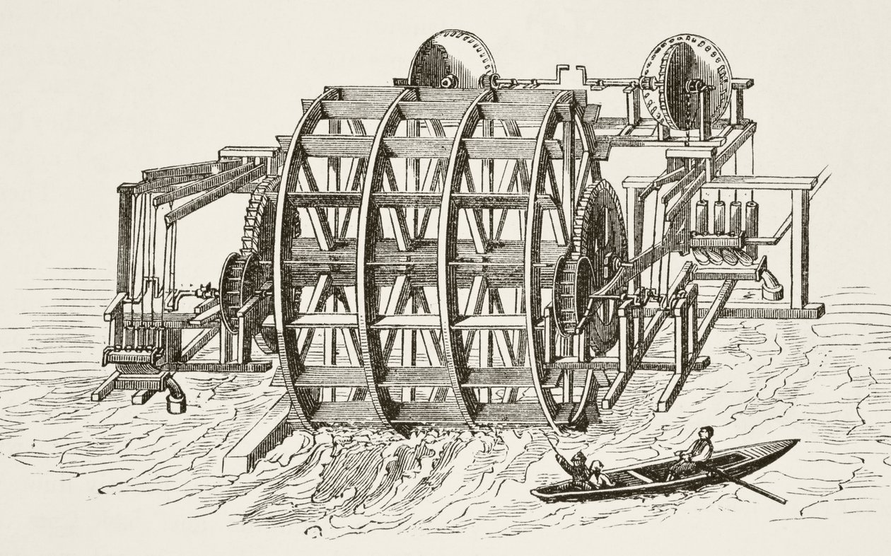 As obras de água da London Bridge, erguida pela primeira vez em 1582, de The National e Domestic History of England por William Hickman Smith Aubrey (1858-1916) publicaram Londres, c.1890 de English School