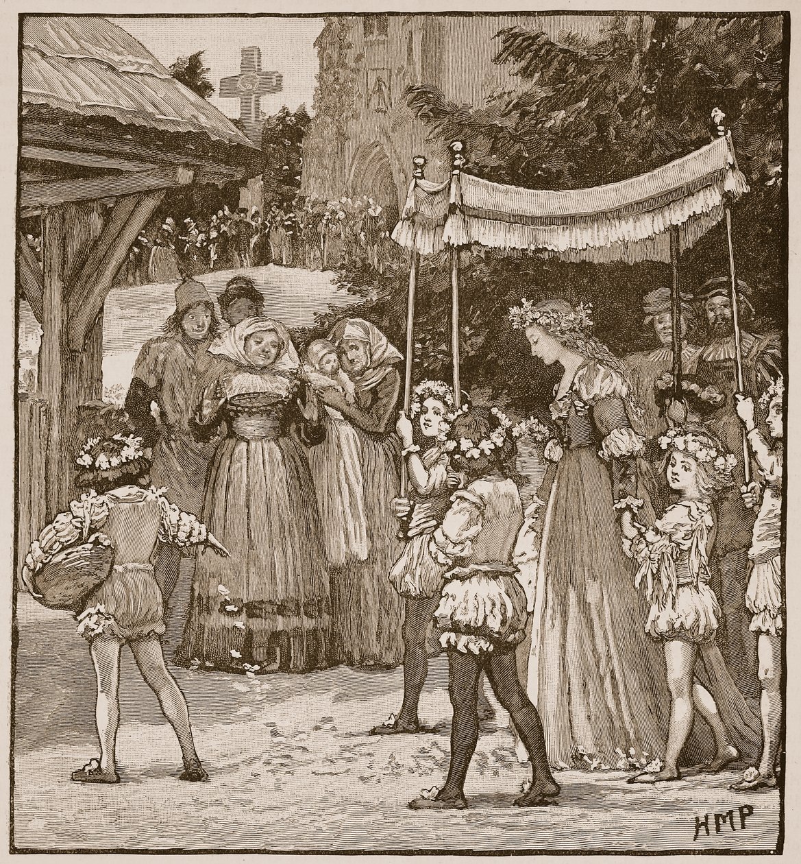 O casamento de Jack de Newbury: a procissão de noivas, ilustração da história ilustrada de Cassells da Inglaterra (foto sépia) de English School