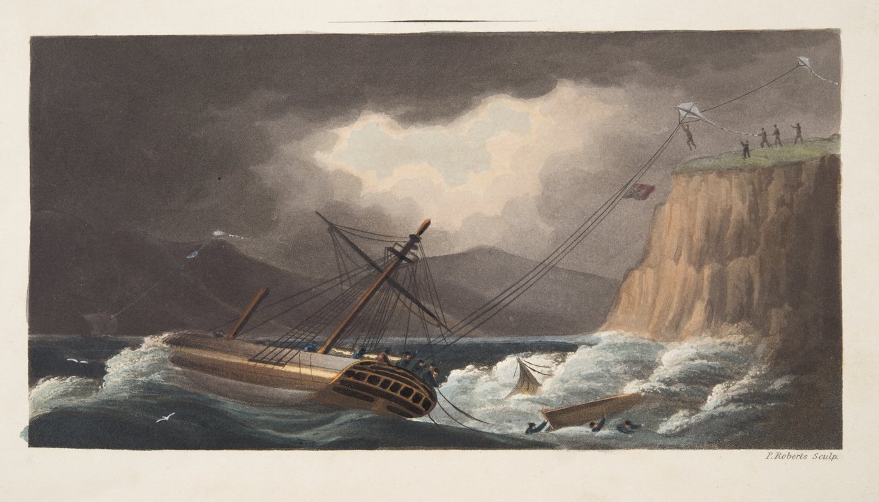 "Coisas tentadas ainda" , Milton, detalhe do frontispício de "A Arte Aeropleustica, ou Navegação no Ar, pelo Uso de Pipas, ou Velas Bóias, pub. 1827 (aquatint colorido à mão) de English School