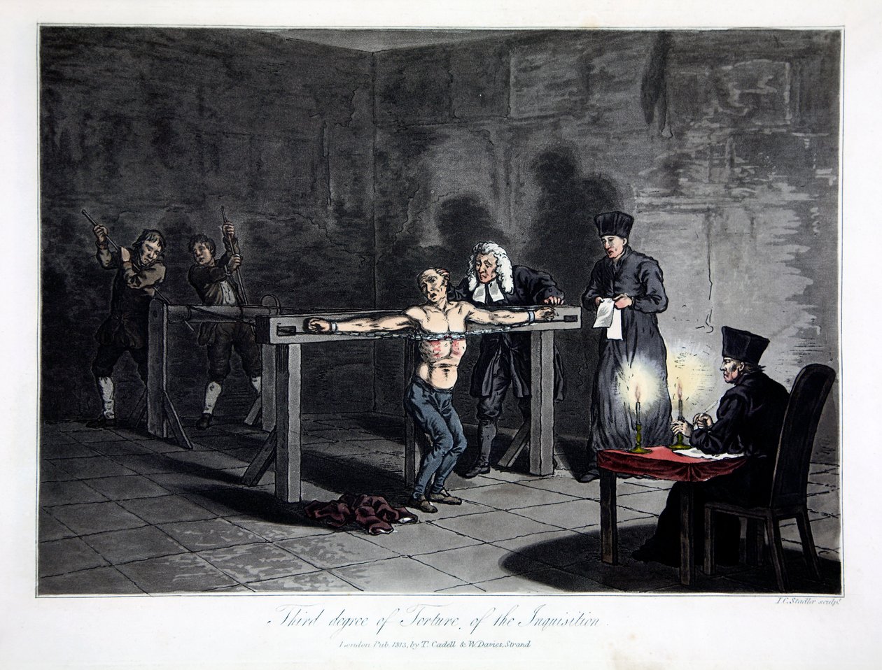 Terceiro Grau de Tortura da Inquisição, gravada por L.C. Stadler, pub. por Cadell & Davies, Londres, c.1813 (gravura a cores) de English School