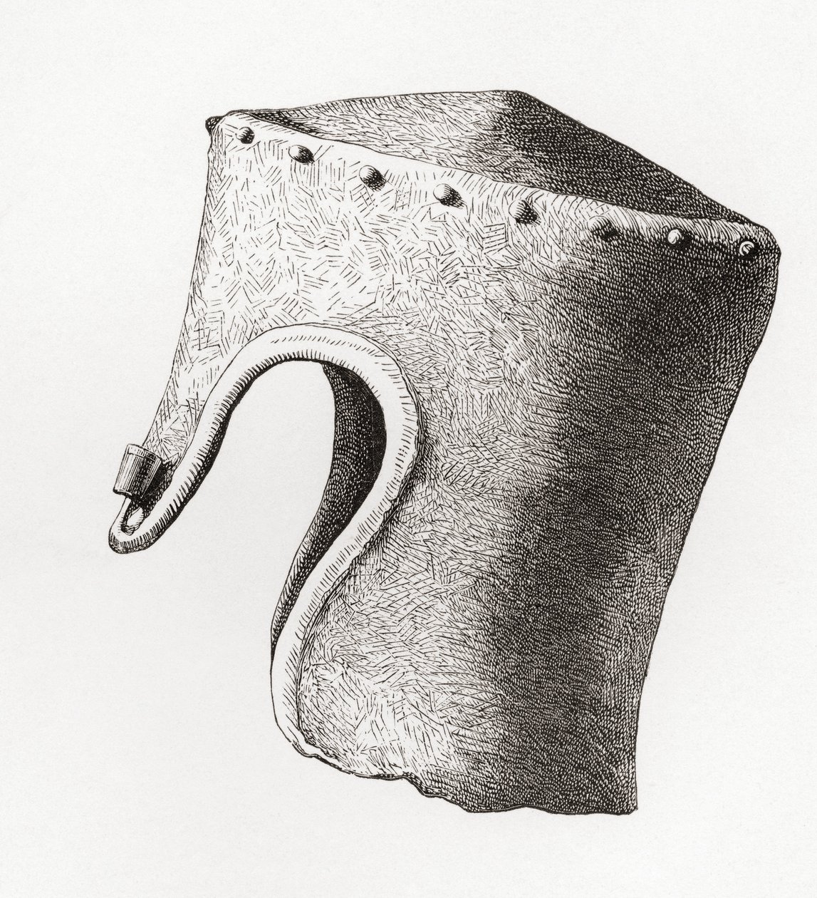 Capacete Cilíndrico de ponta plana do século XIII com Nasal, escavado no Castelo de Montgomery em 1841, do Exército Britânico: As suas Origens, Progresso e Equipamento, publicado em 1868. de English School
