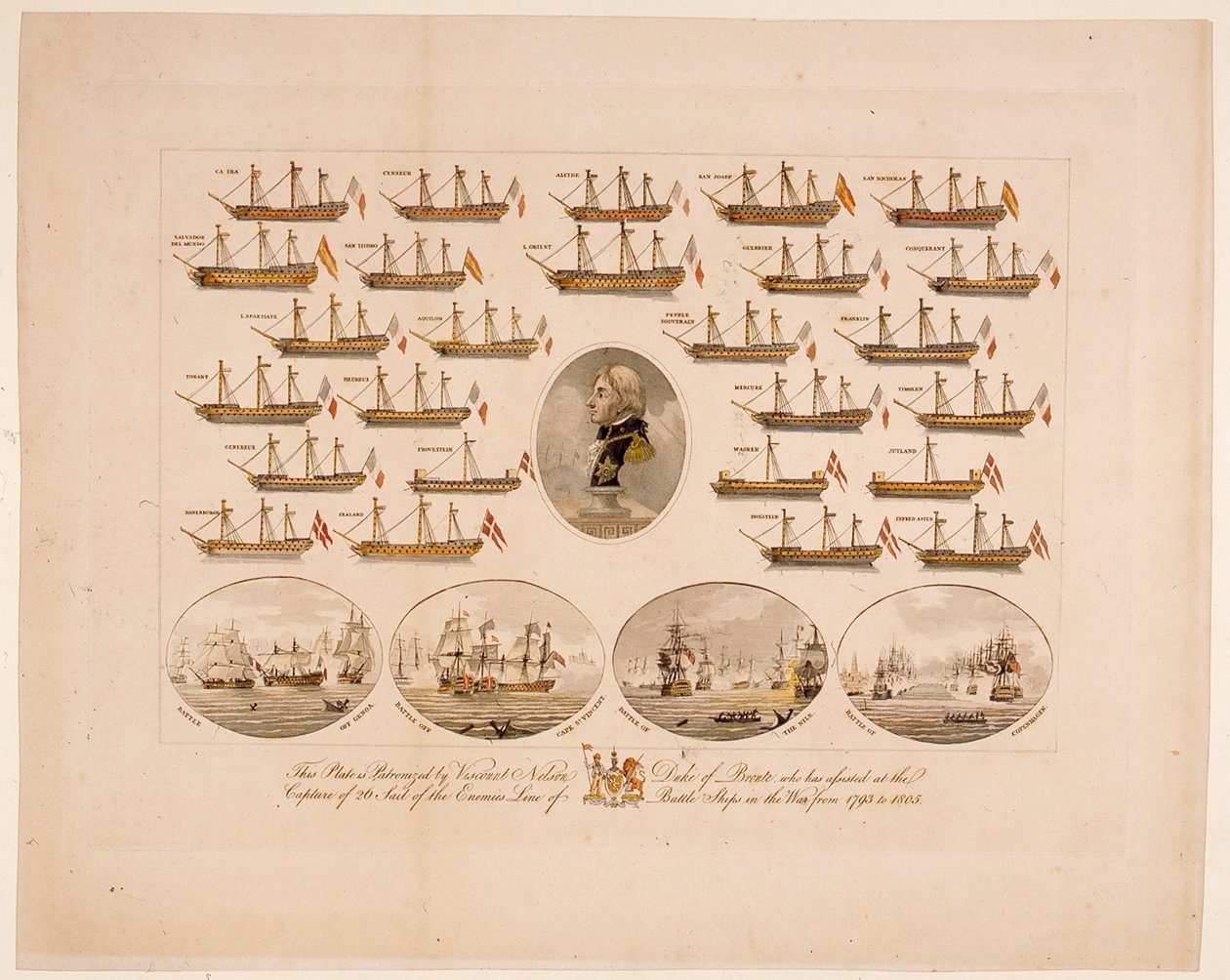 Esta Placa é Patronizada pelo Visconde Nelson Duque de Bronte que Assistiu na Captura de 26 Velas da Linha dos Inimigos dos Navios de Batalha na Guerra de 1793 a 1805 (gravura colorida) de English School