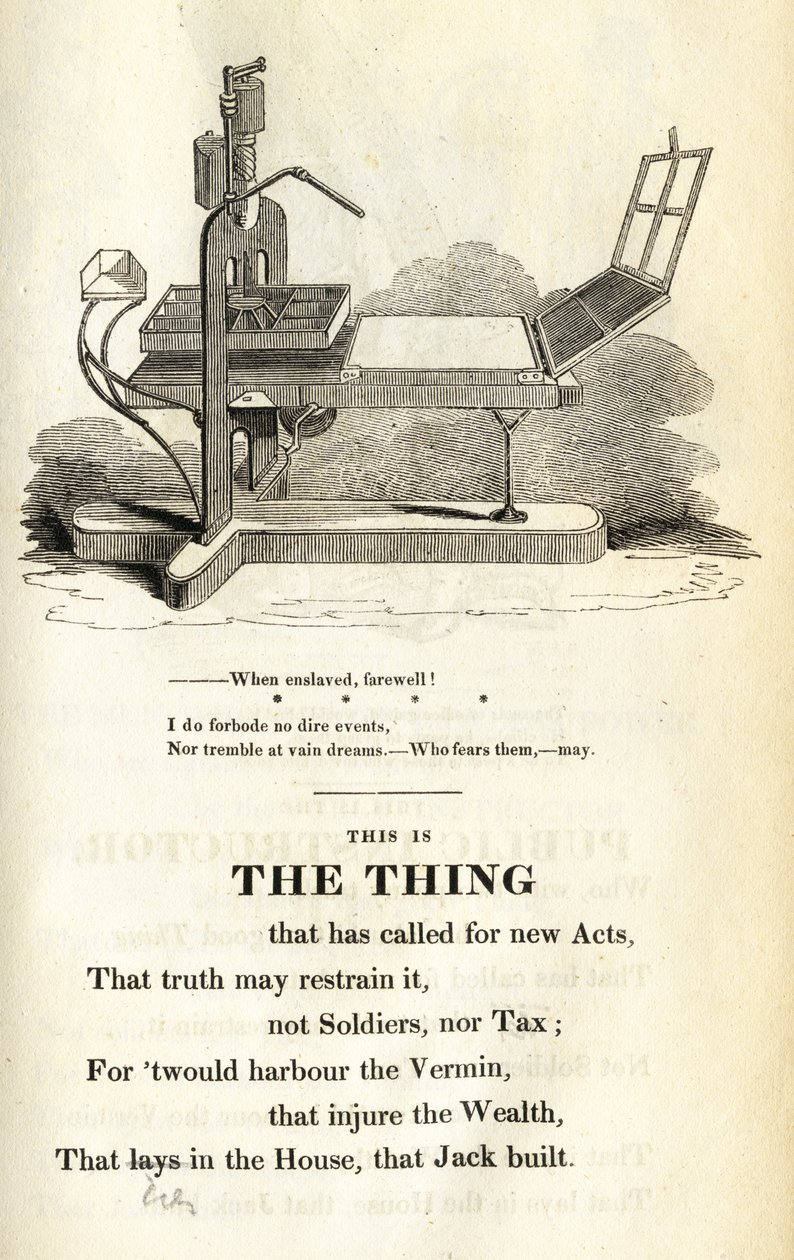 Esta é a coisa, ilustração da casa política que Jack construiu por William Hone, publicado 1819 de English School