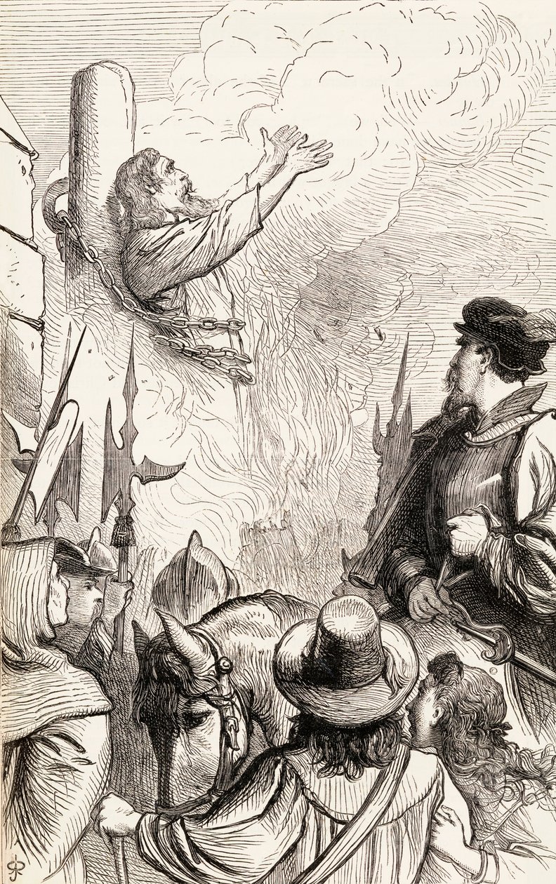 Thomas Hawkes queimado na fogueira durante as perseguições marianas, c.1865 (gravura em madeira) de English School