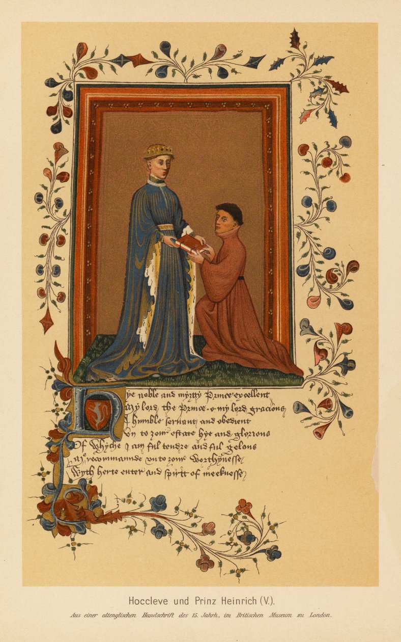 Thomas Hoccleve e Henrique V (litografia a cores) de English School