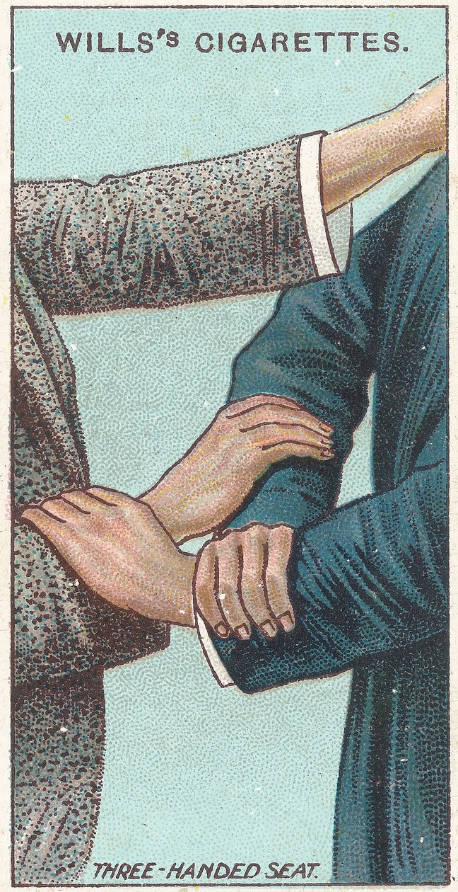 Assento de três mãos, nº 21 da série de primeiros socorros de cartões Willss Cigarettes, 1913 de English School