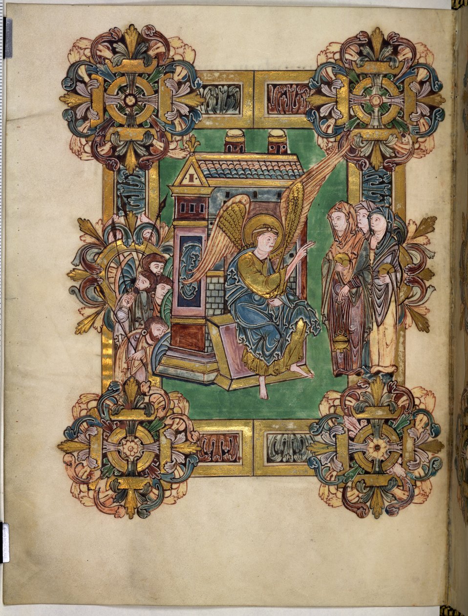 Three Maries at the Sepulchre, from The Benedictional of St Æthelwold, c.963-984 (tinta e ouro sobre pergaminho) de English School