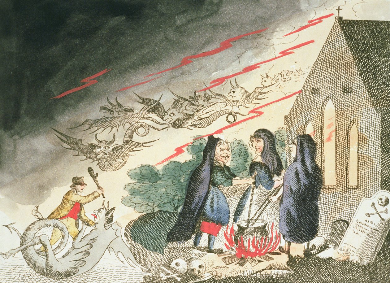 Três bruxas em um cemitério, c.1790s de English School