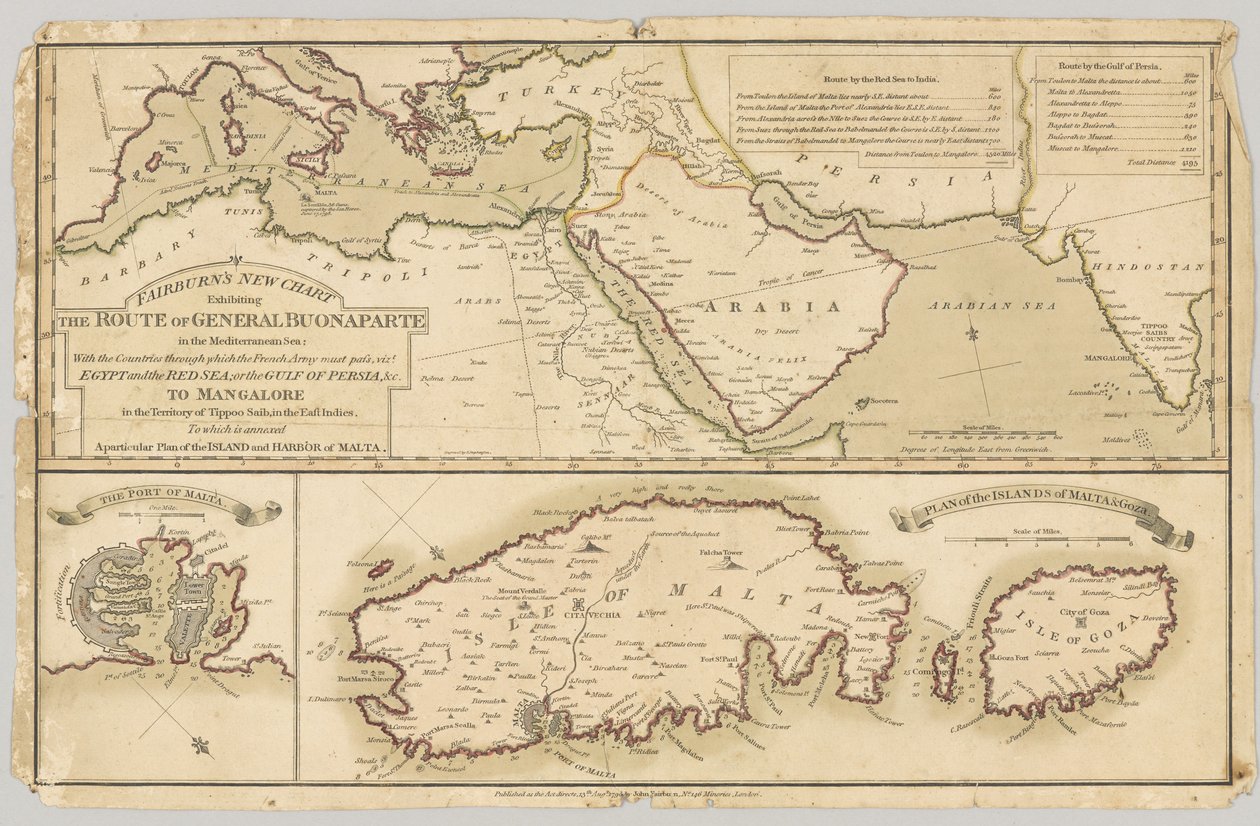 Três mapas coloridos impressos: Novo mapa de Fairburns exibindo a rota do general Bonaparte no mar Mediterrâneo, 1798 de English School