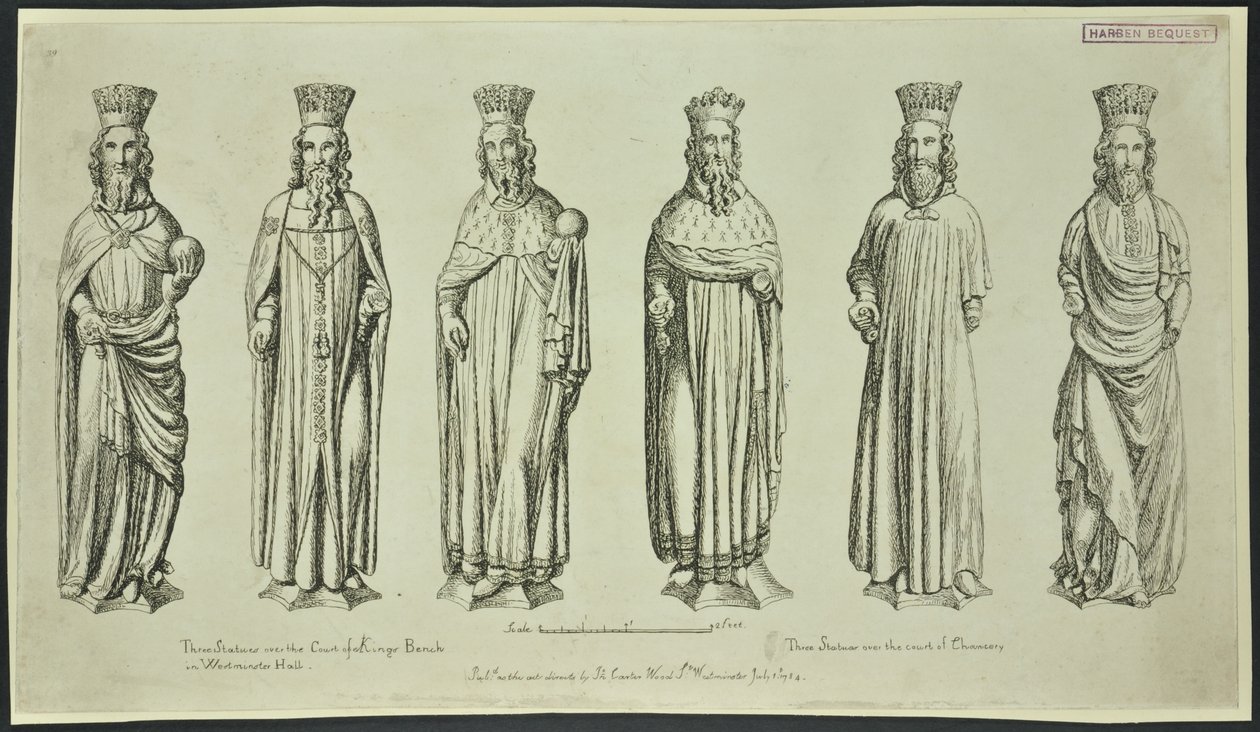 Três estátuas sobre o Tribunal do Banco do Rei em Westminster Hall e três sobre o Tribunal de Chancelaria, 1784 de English School