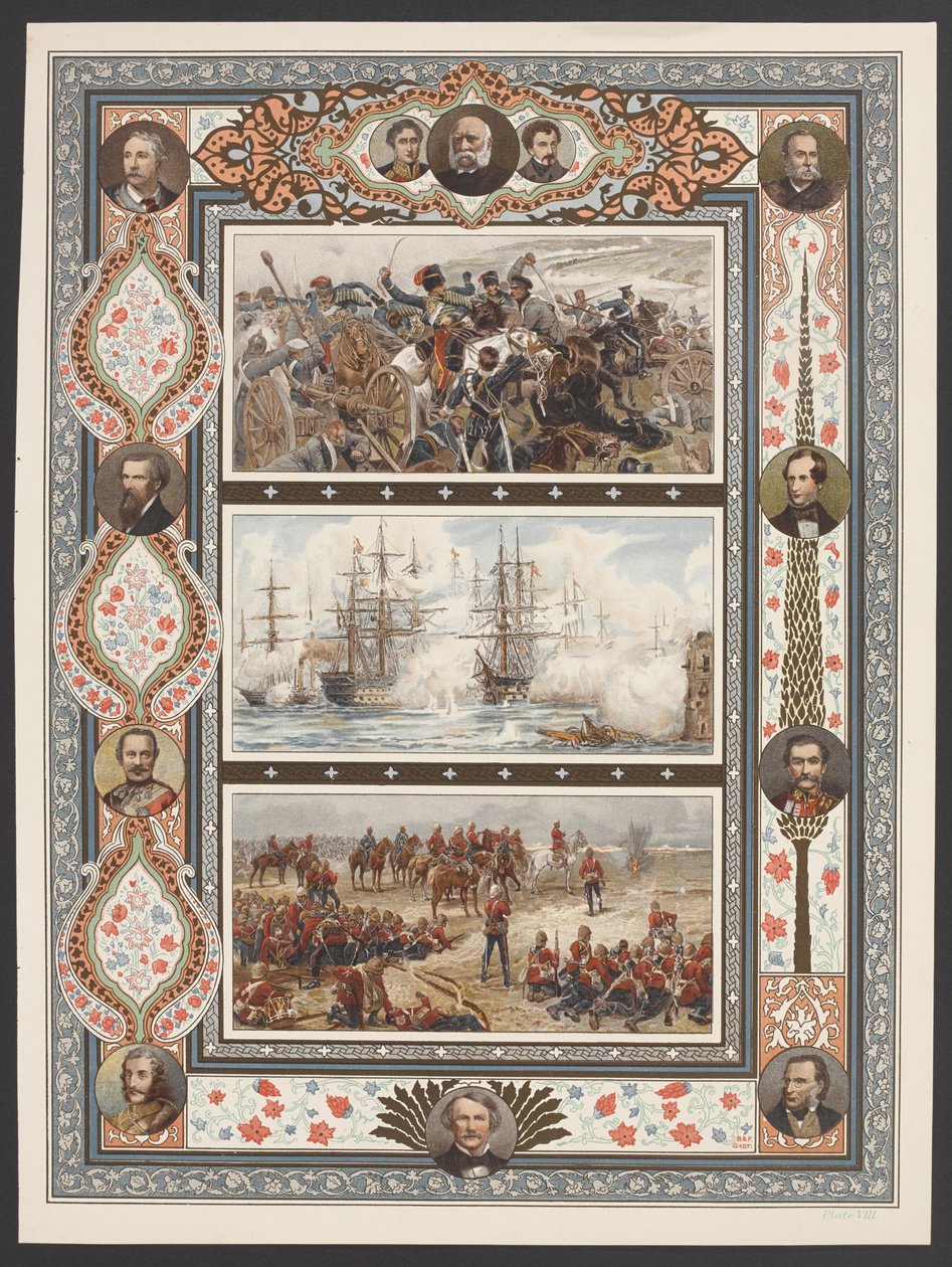 Três vinhetas retratando cenas de batalha naval e terrestre, incluindo o "Alívio da Brigada Ligeira" de R Caton Woodville de English School