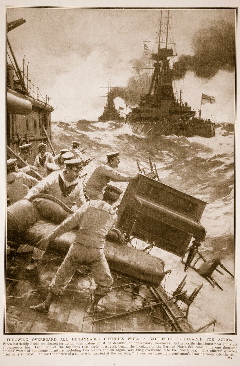 Jogando ao mar em todos os luxos inflamáveis quando um encouraçado é liberado para a ação, 1914-19 de English School