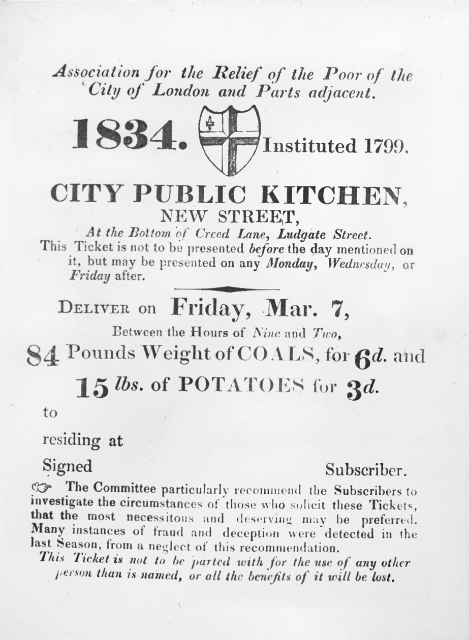 Bilhete para os pobres receberem carvão e batatas da cozinha pública da cidade, New Street, Londres, 1834 de English School