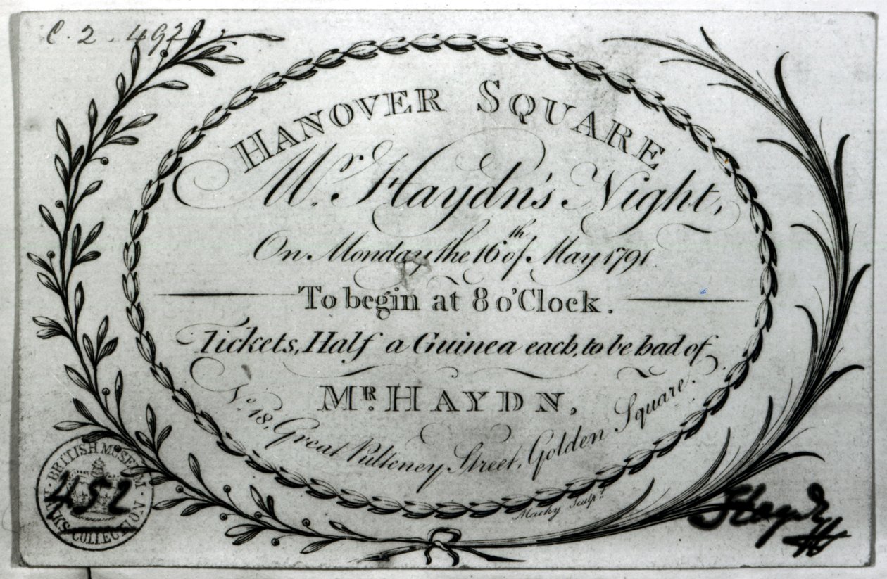 Bilhete para &39;Mr. Noite de Haydn &39;em Hanover Square, 16 de maio de 1791 de English School