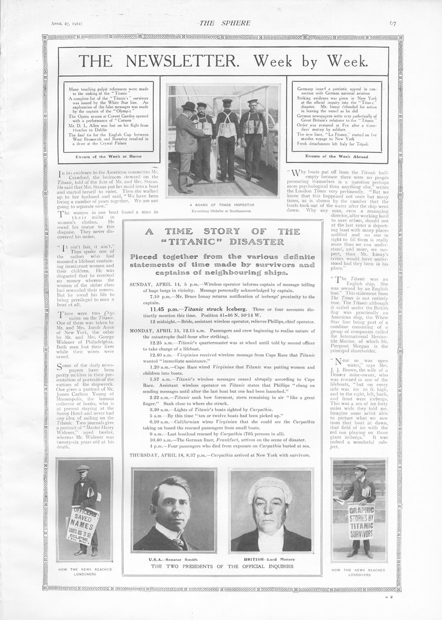 Cronograma de eventos e artigos sobre o naufrágio do Titanic, de The Sphere, 27 de abril de 1912 de English School