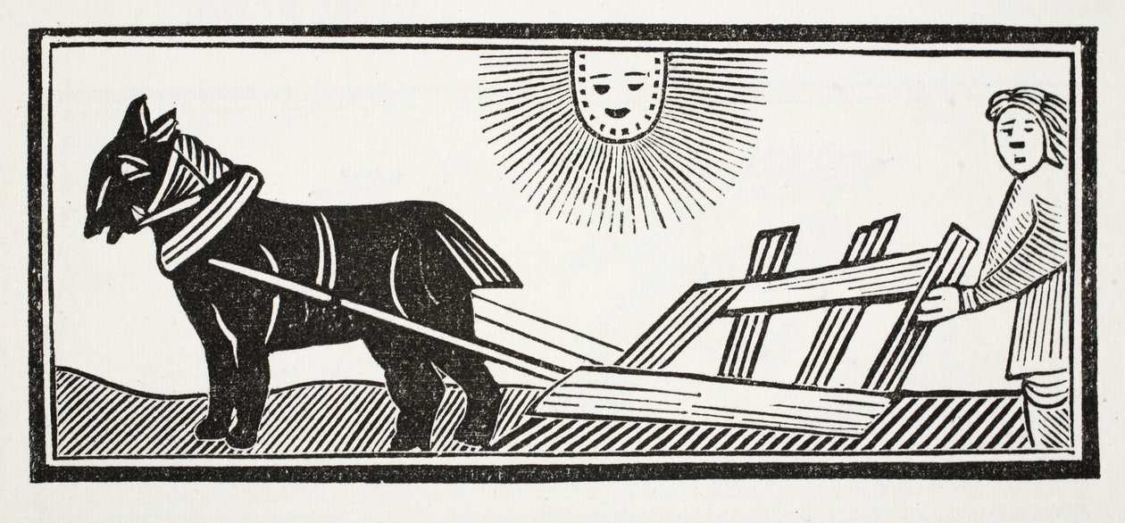 É um arado que rompe as entranhas da terra para a semeadura de milho, ilustração de Chap-livros do século XVIII por John Ashton, pub. 1882 de English School
