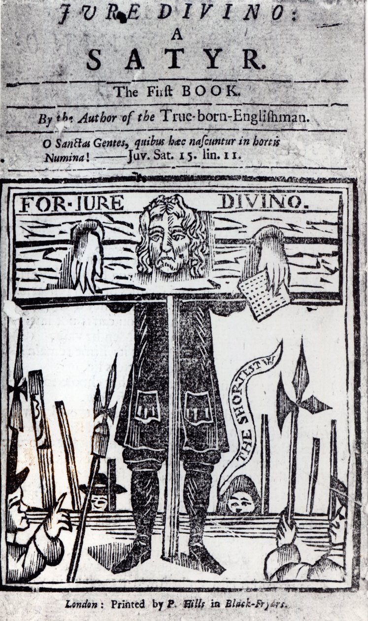 Página de rosto do primeiro livro de Jure Divino - Um Sátiro de Daniel Defoe (1660-1731) publicado em 1706 de English School