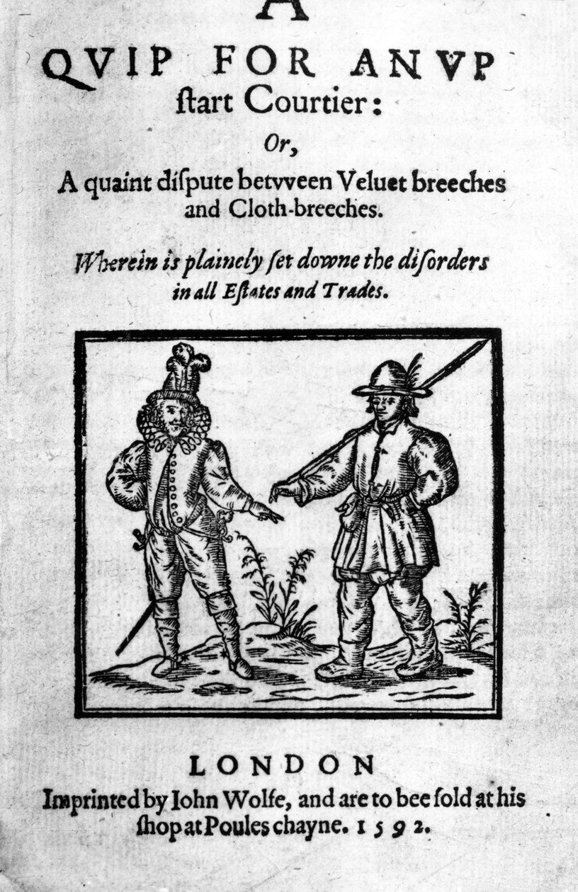 Página de rosto para um gostoso para um cortesão iniciante: ou, Uma disputa singular entre calções de veludo e calças de pano por Robert Greene, publicado em 1592 (xilogravura e impressão tipográfica) de English School