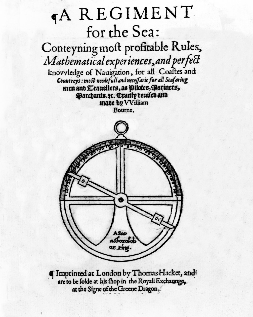 Página de rosto de A Regiment for the Sea, de William Bourne, publicado em c.1574 (impressão tipográfica e gravura) de English School