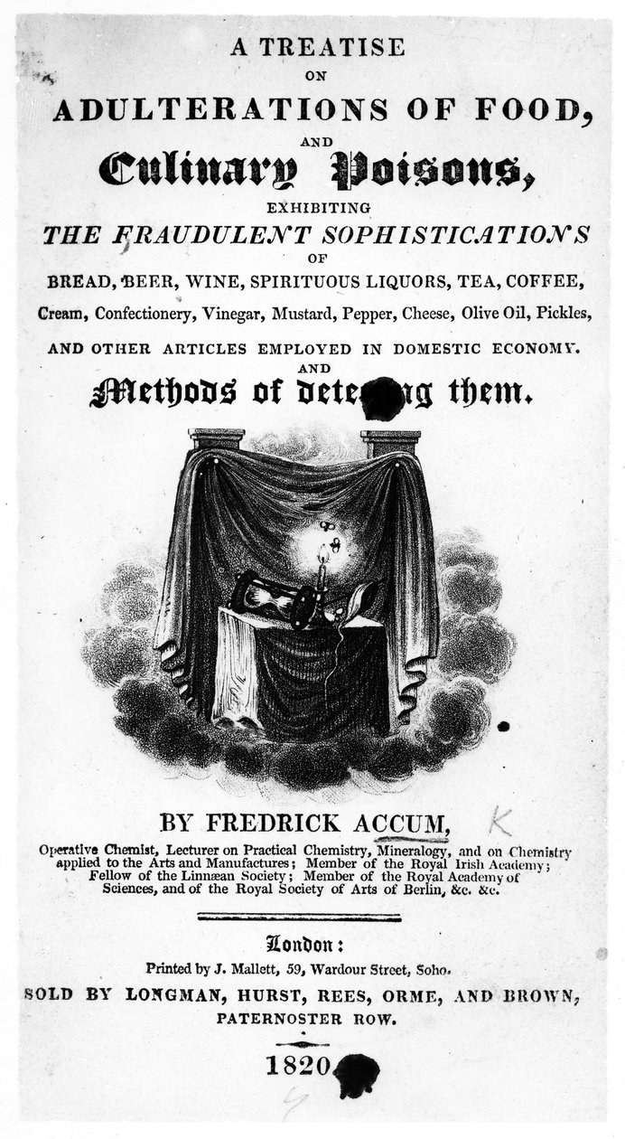 Página de rosto de um tratado sobre adulterações de alimentos e venenos culinários por Frederick Accum, publicado em 1820 (impresso) de English School