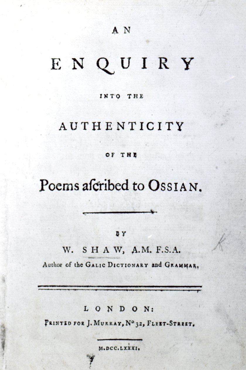 Página de rosto de um inquérito sobre a autenticidade dos poemas atribuídos a Ossian por William Shaw, publicado em 1781 (impresso) de English School