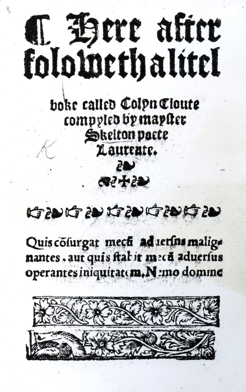 Página de título de Colin Cloute de John Skelton, publicado em 1550 (impresso) de English School