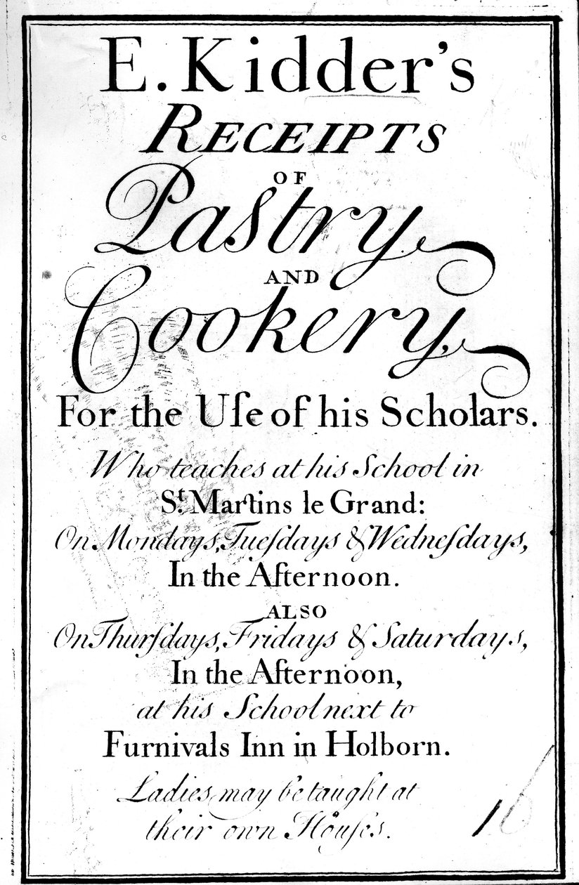 Página de rosto de E. Kidders Recibos de Pastelaria e Culinária, de Edward Kidder, publicado em c.1730 de English School