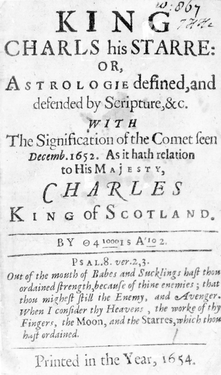 Página de rosto do rei Charls, sua estrela: Ou, a astrologia definida e defendida pelas Escrituras, etc., publicada em 1654 (impressão tipográfica) de English School