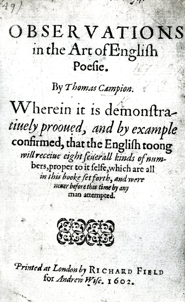 Página de rosto para observações na arte da poesia inglesa por Thomas Campion, publicado em 1602 (impresso) de English School