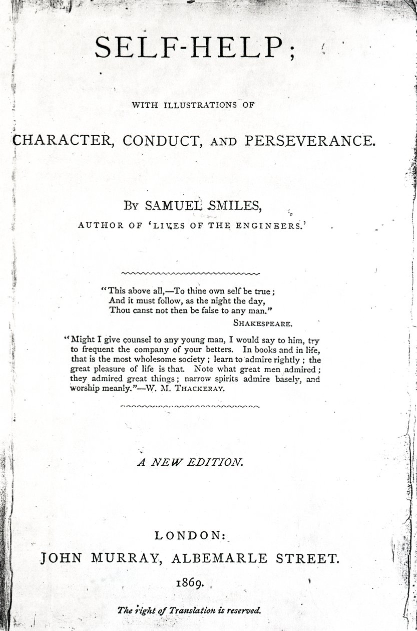 Página de título para Autoajuda; com Ilustrações de Personagem, Conduta e Perseverança, de Samuel Smiles, publicado em 1869 (impresso) de English School