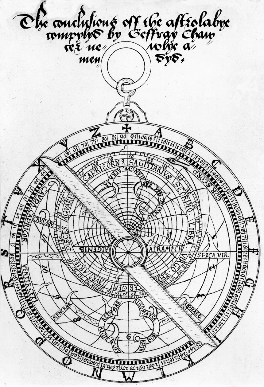 Página de título para as conclusões do Astrolabye Compylyd por Geoffrey Chaucer Newlye Amendyd por Walter Stevins, c.1555 (caneta e tinta no papel) de English School