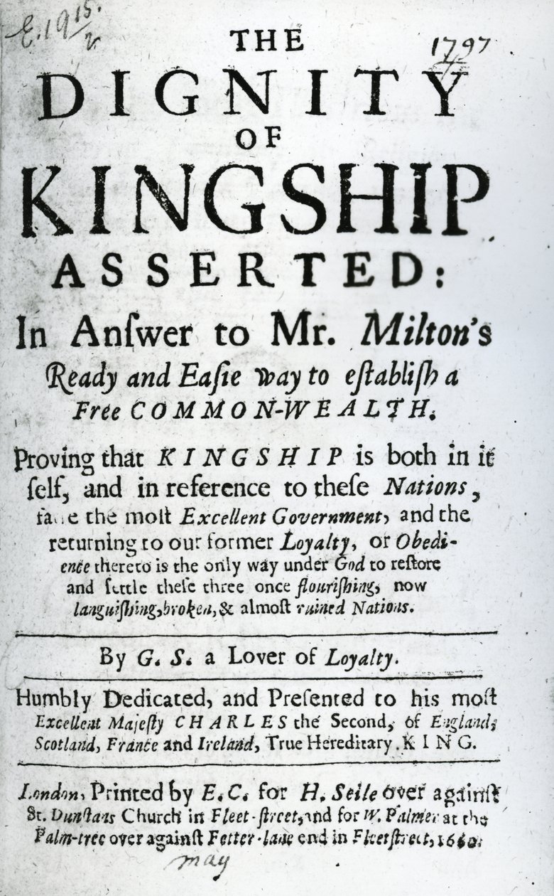 Página de rosto de The Dignity of Kingship Asserido por GS um Lover of Loyalty, publicado em 1660 (papel impresso) de English School