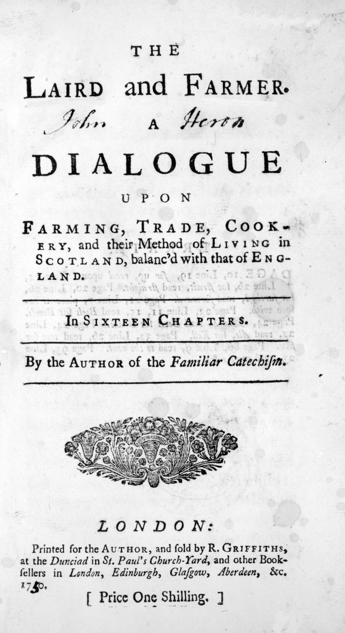 Página de rosto de The Laird and Farmer, do autor do Catecismo Familiar, publicado em 1750 de English School