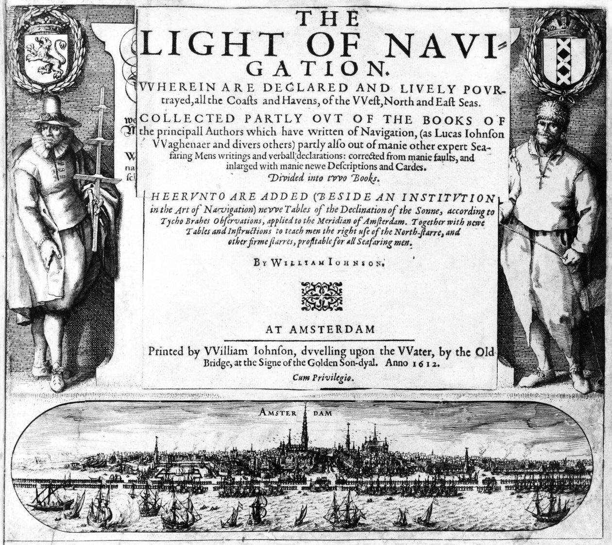Página de título de The Light of Navigation, de William Iohnson, publicado em 1612 (impressão tipográfica e gravura) de English School