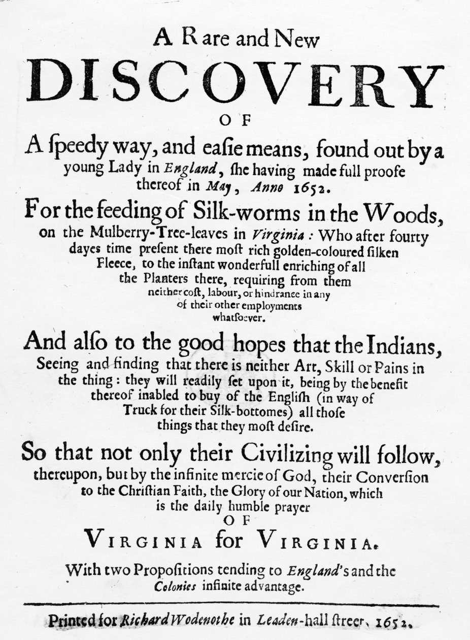 Página de título para o verme de seda reformado da Virgínia por Samuel Hartlib, publicado em 1652 (impressão tipográfica) de English School