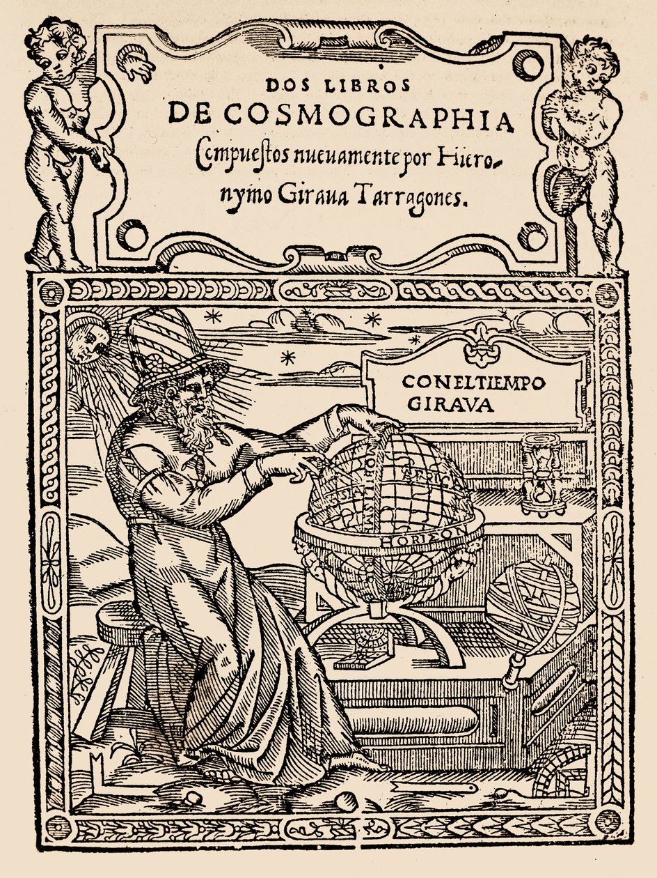 Página de rosto de dois livros de cosmografia, de Hieronymo Girana Tarragones, de A narrativa e a história crítica da América, editada por Justin Winsor, Londres, 1886 (xilogravura) de English School