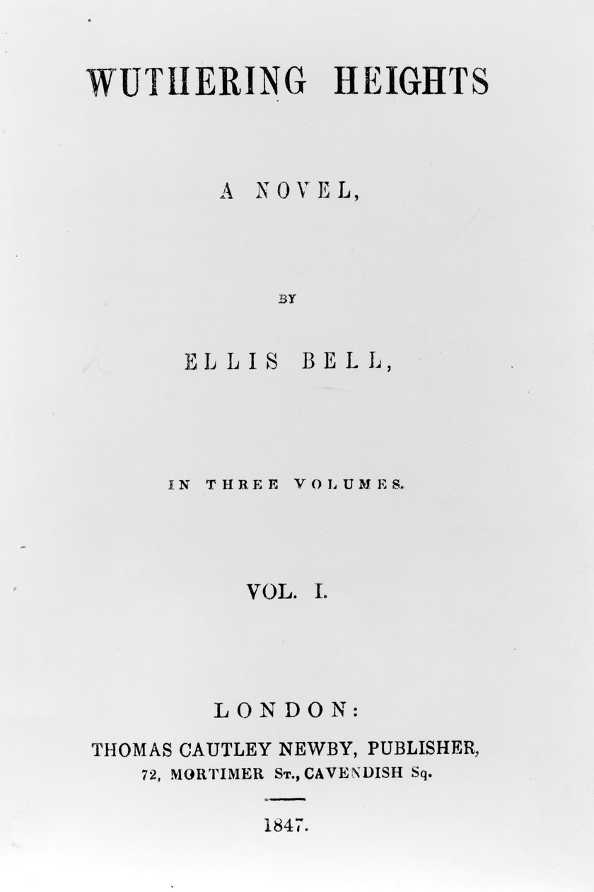 Página de rosto para a primeira edição de Wuthering Heights por Ellis Bell (pseudônimo de Emily Bronte), publicado em 1847 (impresso) de English School