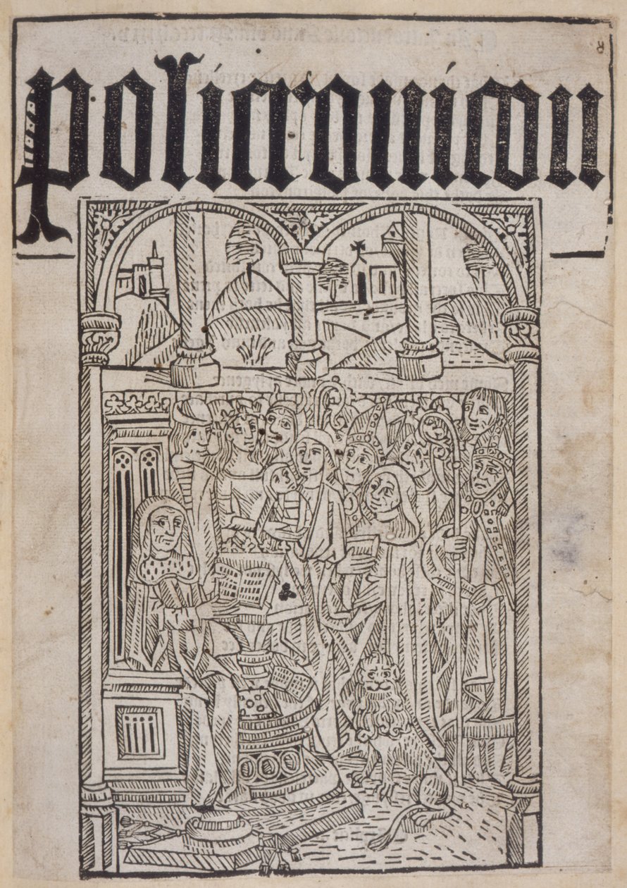 Página de título do Polychronicon por Ranulf Higden (d.1364) impresso por Wynkyn de Worde, 1495 de English School