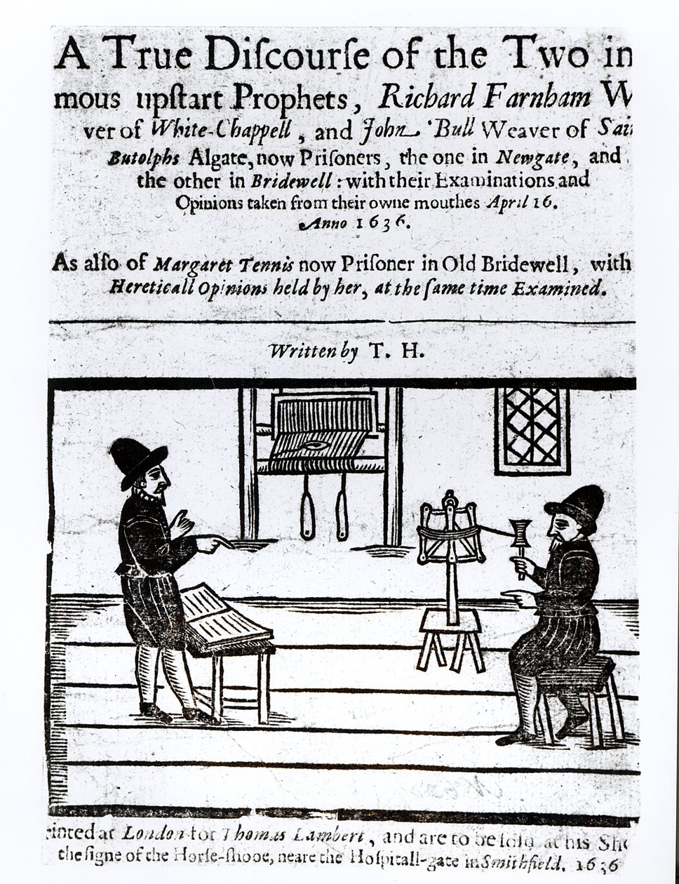 Página de rosto de um verdadeiro discurso dos dois profetas infames, Richard Farnham, Weaver, de White-Chapel, e John Bull, Weaver, de Saint Botolphs, Algate por TH 1636 de English School