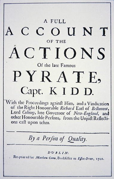 Página de rosto de uma vida do capitão pirata William Kidd, publicado em Londres em 1701 (lito) de English School