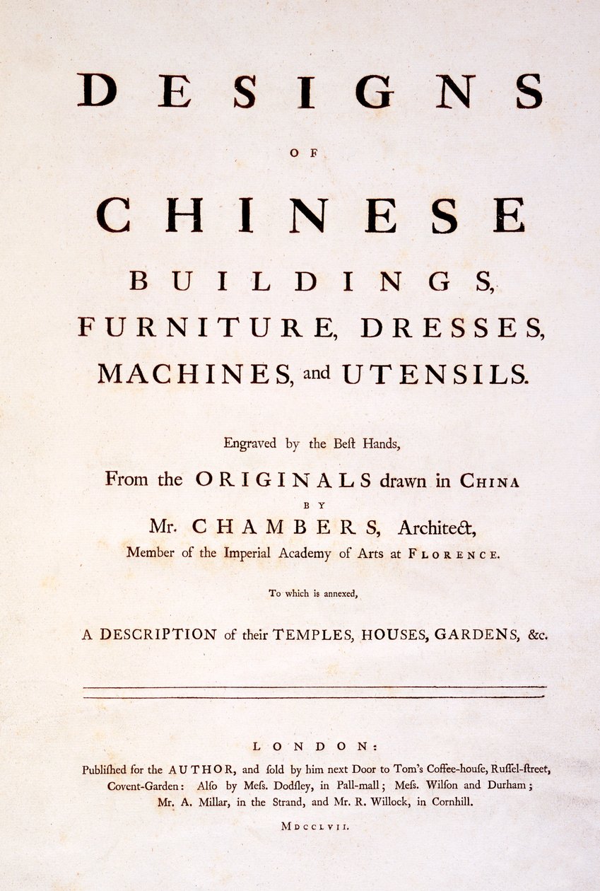 Página de rosto para desenhos de edifícios, móveis, vestidos, máquinas e utensílios chineses, 1757 (versão impressa) de English School