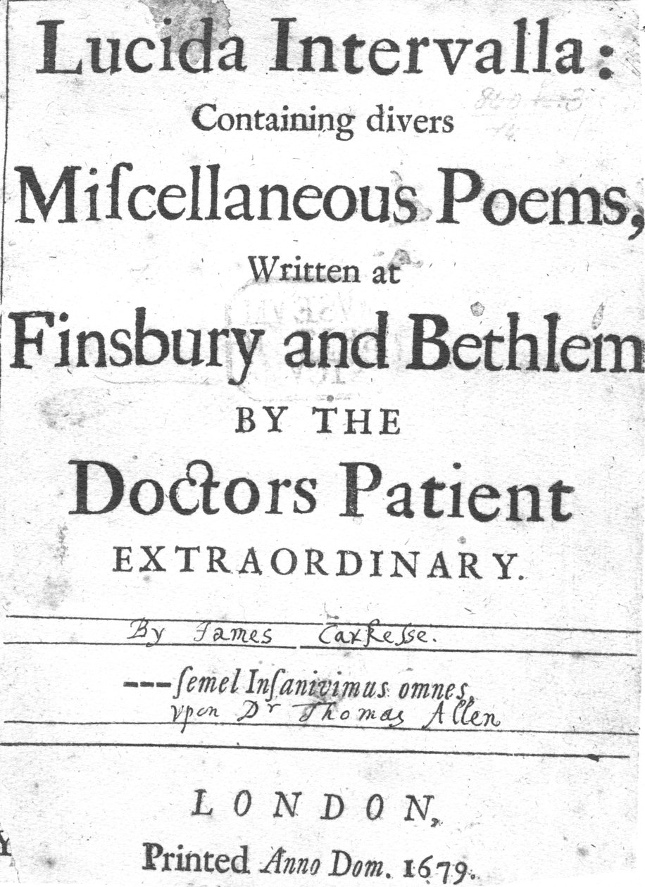 Página de título para Lucida Intervalla por James Carkesse, publicado em 1679 (papel impresso) de English School