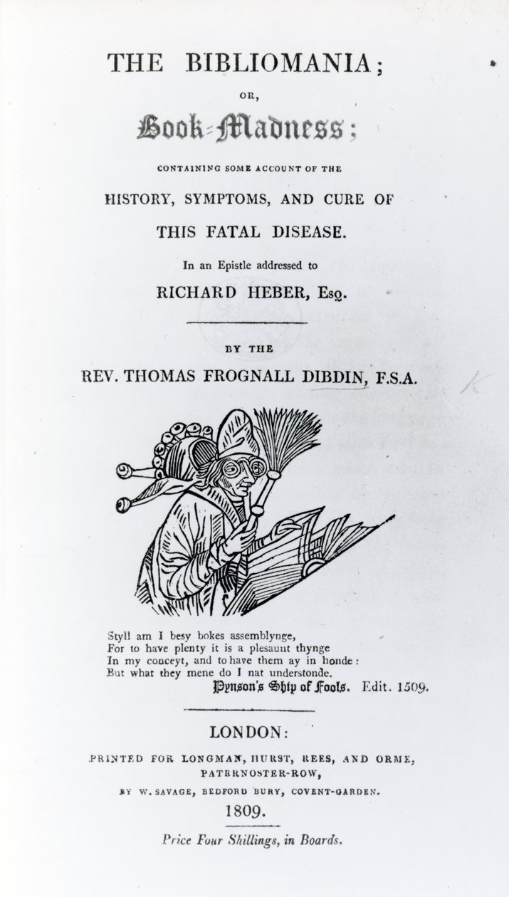Página de título para The Bibliomania pelo Rev. Thomas Frognall Dibdin, publicado em 1809 (impresso) de English School