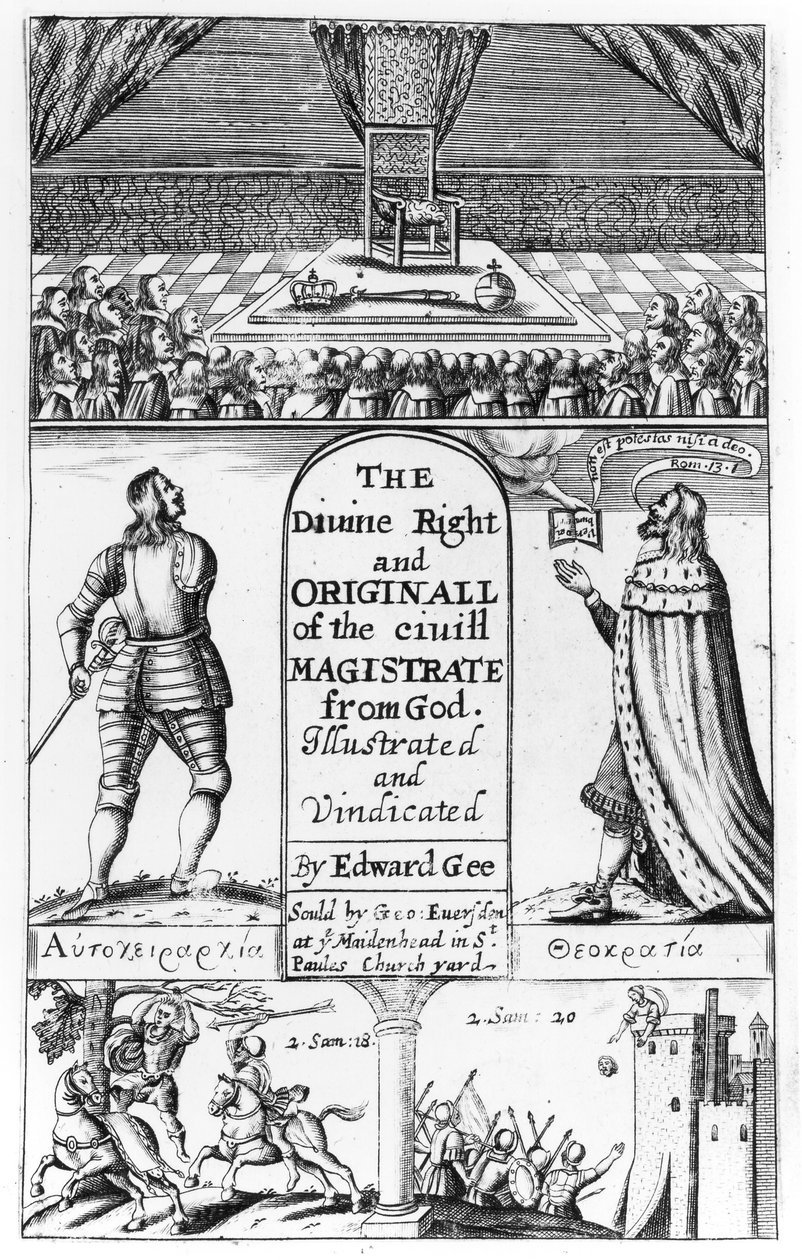 Página de rosto para o direito divino e original do magistrado civil de Deus, gravado por Edward Gee, 1658 de English School