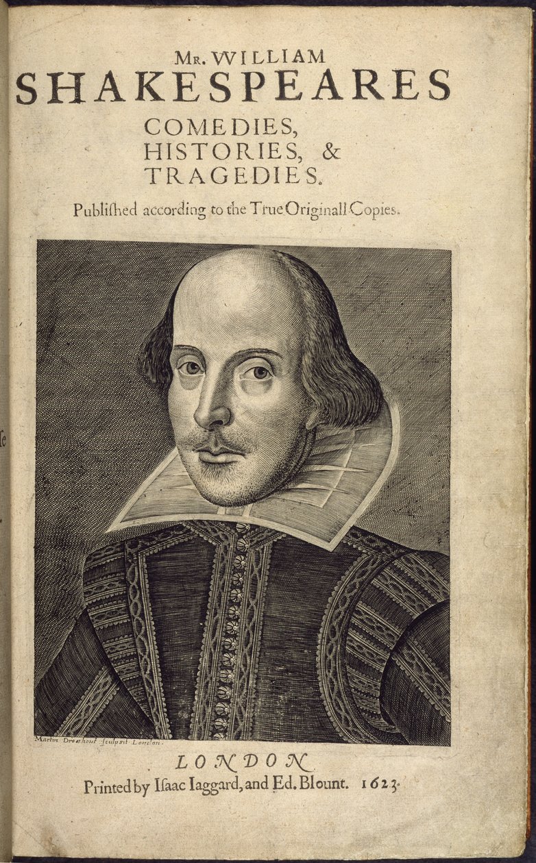 Página de rosto com um retrato de Shakespeare, de 