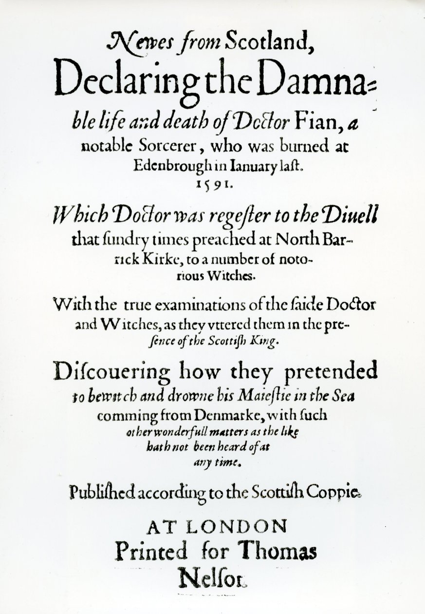 Página de rosto Newes from Scotland, Declaring the Damnable life and death of Dr Fian, 1591 de English School