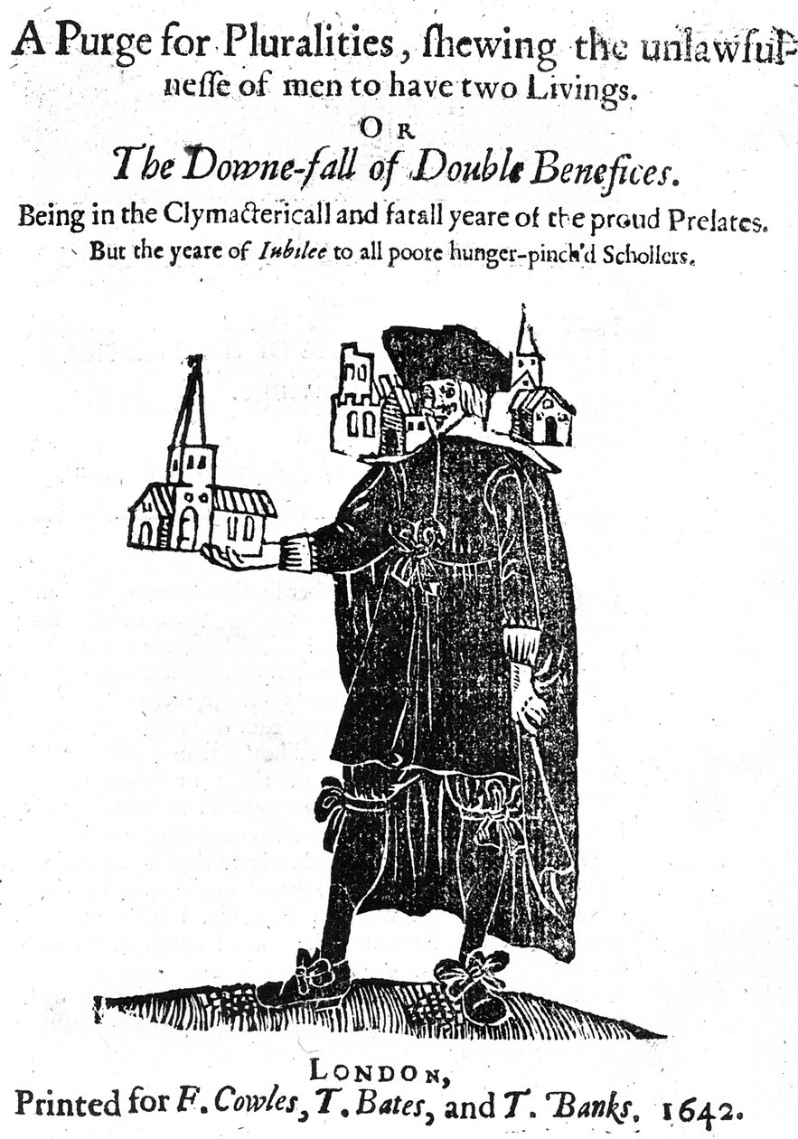 Página de rosto de A Purge for Pluralities impressa por F. Cowles, T. Bates e T. Banks, 1642 de English School