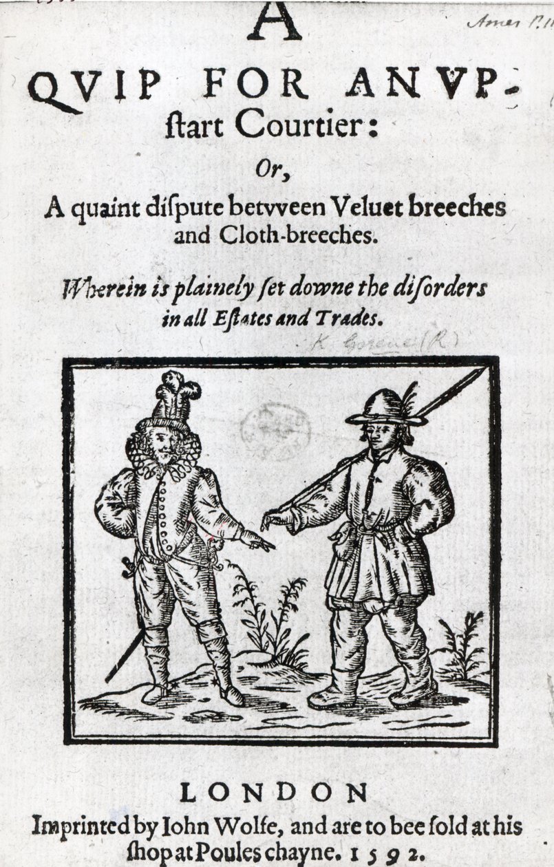 Página de rosto de A Quip for the Courter Upstart por Robert Greene, 1592 de English School