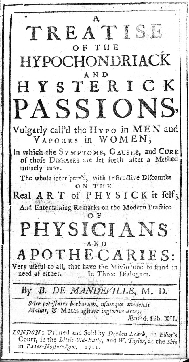 Página de título de &39;Um Tratado das Hipocondriaques e Hysterick Passions&39; de Bernard de Mandeville, publicado em 1711 (impresso) de English School